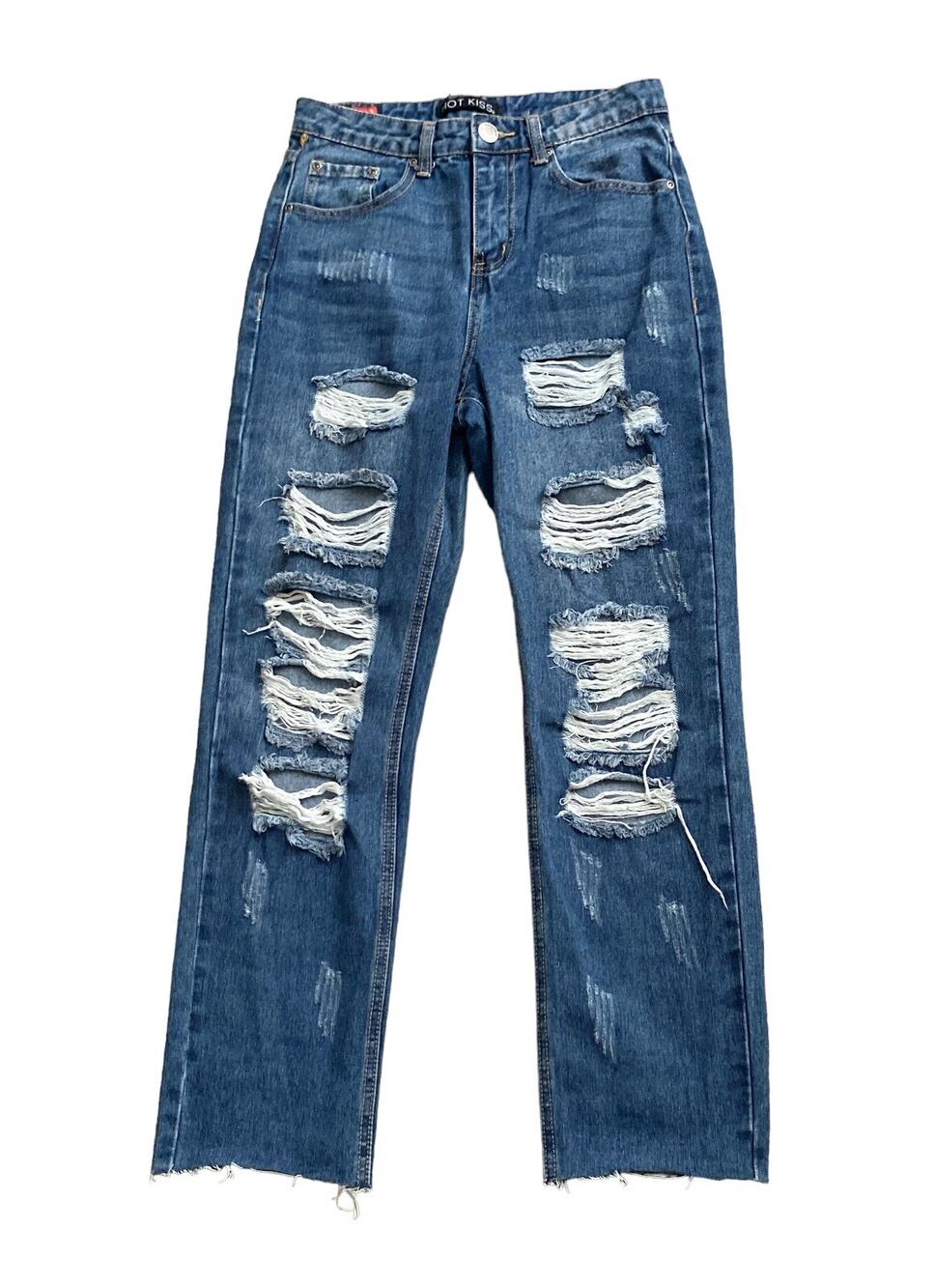 Hot Kiss Jeans Womens Size 3 Highest Rise Straight Leg Distressed Ripped Blue